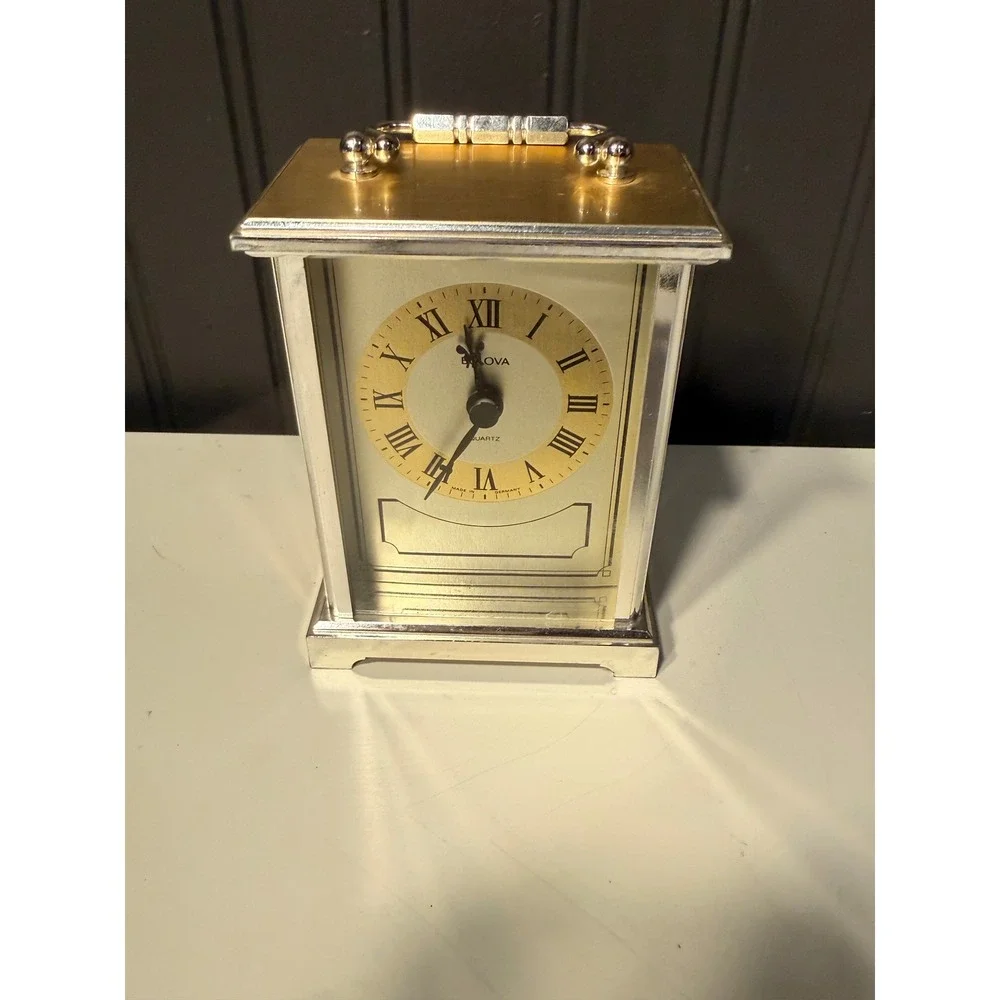 Bulova Quartz Carriage Clock Two Tone Silver Gold Roman Numeral Made in Germany